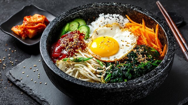 Korean bibimbap rice bowl with vegetables, egg and spicy sauce served in black stone bowl with space for text