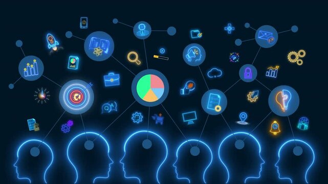 Brainstorm concept, method of generating ideas and sharing knowledge to solve a particular commercial or technical problem. Motion infographic of Brainstorm icons isolated on transparent background.