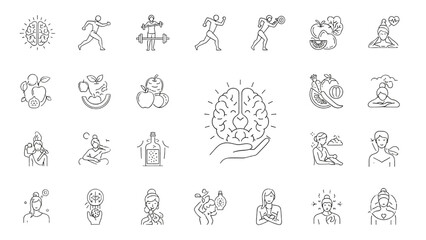 Obraz premium Wellness and Self-Care Line Icon Set – Meditation, Mental Health, Fitness, Nutrition, Relaxation, Stress Relief Vector