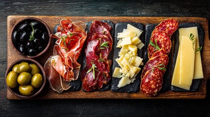 Spanish tapas selection with cured meats, olives and cheese on serving board with empty area for advertising
