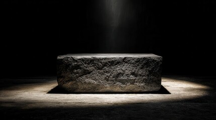 Stunning photo of rough textured stone podium illuminated softly against a pure black background, dramatic shadows.