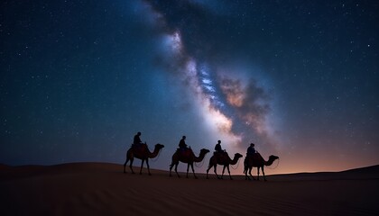Camel Caravan Silhouette Under the Milky Way Galaxy at Night