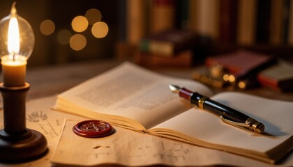 Elegant writing setup with candlelight and an open book on a wooden table at night