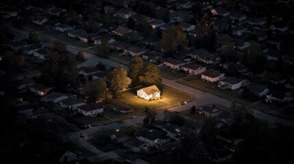 Stunning photo of single brightly lit house glowing in the middle of a pitch-black neighborhood during a power outage, dramatic aerial view at night.