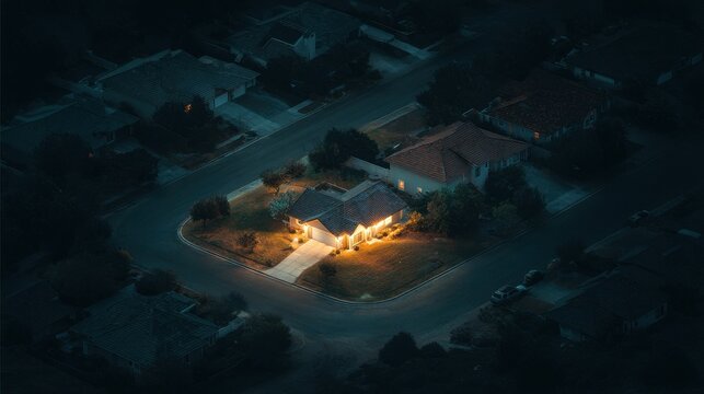 Stunning photo of single brightly lit house glowing in the middle of a pitch-black neighborhood during a power outage, dramatic aerial view at night.