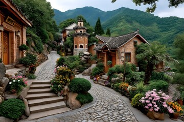 Stone cottage along mountain village path with trees high resolution image