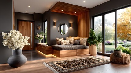Stylish indoor space with mirror accent high resolution image