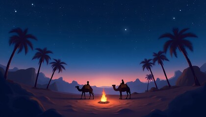 Serene Desert Oasis Night Scene: Pixel Art of Camels at Campfire under Starry Sky