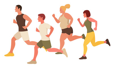 A group of people running down the street. Doing sports. Flat style.