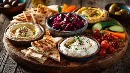 Colorful Mediterranean mezze platter with dips, pita bread and vegetables on wooden board with space for text