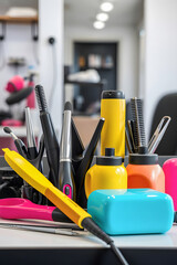 A collection of vibrant hairdressing tools, including brushes, styling irons, and colorful bottles, neatly arranged on a salon counter, ready for use.