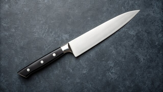 A professional chef's knife with a sharp, polished blade and a black handle, laid diagonally on a dark, textured surface, emphasizing its sleek design and culinary precision.

