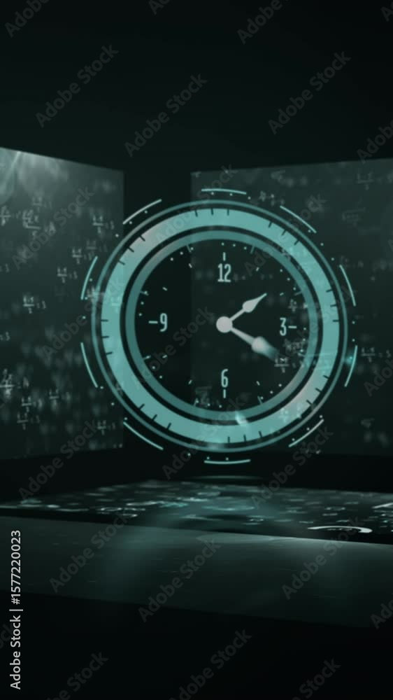 Poster clock and mathematical formulas animation over dark background