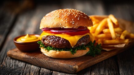 Delicious American cheeseburger with fries and dipping sauce on wooden board with empty space for text, rustic background