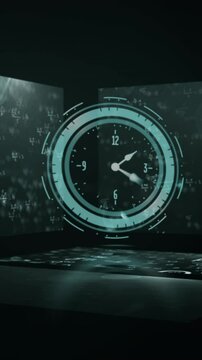 Clock and mathematical formulas animation over dark background