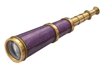 Antique brass and purple leather telescope with intricate details isolated on transparent background