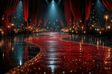 Glistening red carpet leading to a glamorous stage in a dramatic setting with candlelight ambiance