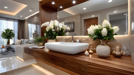 Stylish vanity with fresh flower decor high resolution image