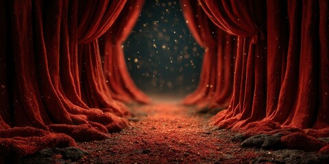 Red velvet curtains frame a mysterious path leading to an enchanted atmosphere in a dimly lit theater during the evening