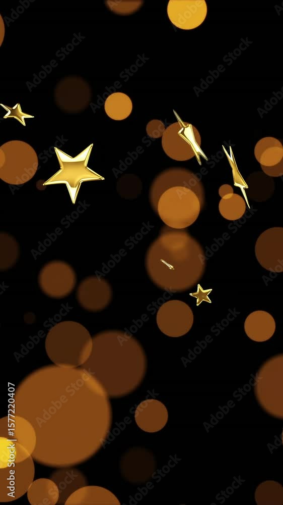Poster golden stars and circles floating on black background, creating magical animation
