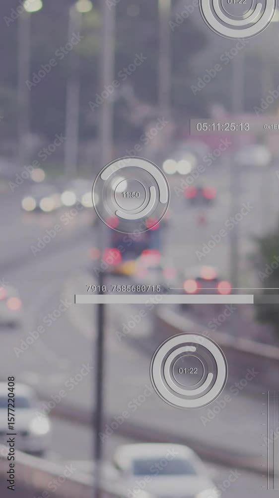 Poster traffic data visualization animation over busy highway with moving cars