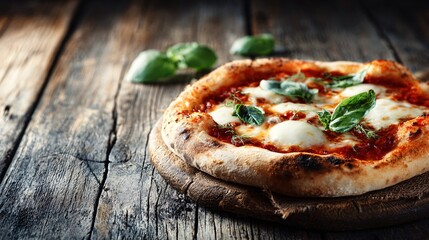 Freshly baked pizza Margherita with basil leaves on rustic wooden table with open copy space