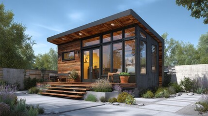 Stunning photo of accessory Dwelling Unit (ADU) A modern tiny house concept showcasing the versatility and efficiency of accessory dwelling units, perfect for urban living.