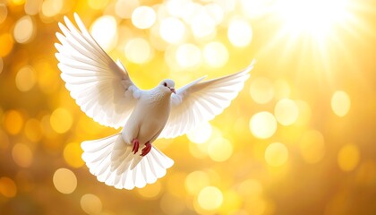 White Dove Soaring in Golden Light with Symbol of Peace and Freedom, and Bright Background.