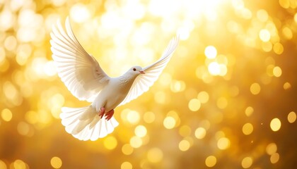 White Dove Soaring in Golden Sunlight  Symbol of Peace and Hope with Bokeh Background.