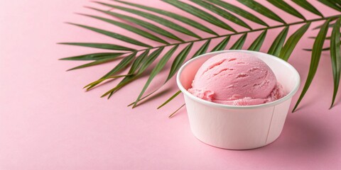 Pink Ice Cream Scoop in a White Cup with Palm Leaf on Pink Background
