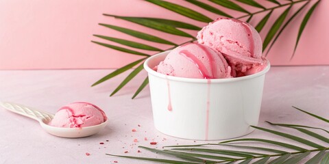 Pink Ice Cream Scoop in a White Cup with Palm Leaf on Pink Background