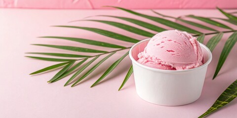 Pink Ice Cream Scoop in a White Cup with Palm Leaf on Pink Background