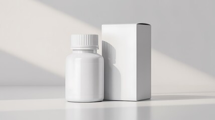 White plastic medicine bottle with matching box on light background for health product packaging
