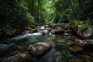 Obraz premium Mountain stream flowing through lush forest