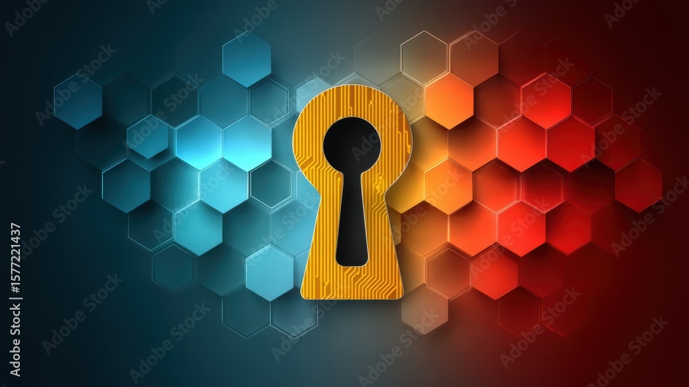 Poster information online privacy protection. abstract keyhole design with blue and red hexagonal patterns.