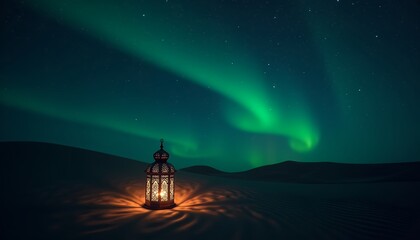 Fototapeta premium Desert Lantern Under a Green Aurora and Starry Night