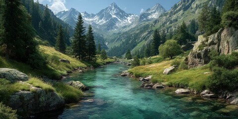 Tranquil mountain landscape with clear river flowing through lush greenery and towering peaks under a bright sky