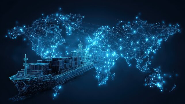 Stunning photo of aI and global logistics concept with world map, supply chain network, and container ship for import-export.