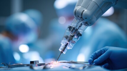 Stunning photo of close-up of a robotic arm performing a precise surgical operation in a sterile medical environment with advanced technology and skilled healthcare professional.
