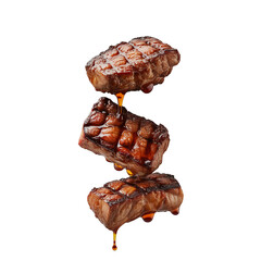 Three juicy grilled steak slices stacked with dripping sauce