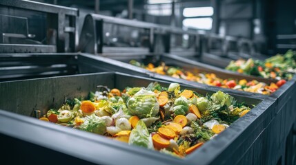 Stunning photo of biodegradable organic waste garbage trash management recycling composting in restaurant commercial industrial kitchen, sustainability in food production.