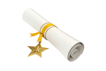 Golden star award ribbon tied around a rolled diploma certificate isolated on transparent background