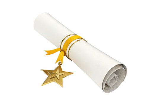 Golden star award ribbon tied around a rolled diploma certificate isolated on transparent background