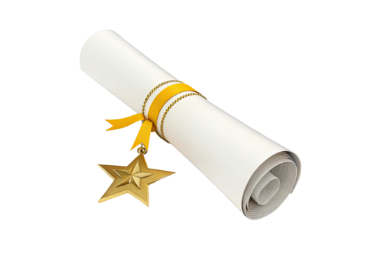 Golden star award ribbon tied around a rolled diploma certificate isolated on transparent background