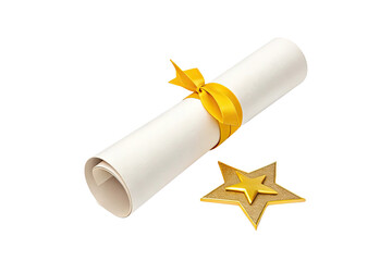 Golden star award and diploma scroll tied with yellow ribbon isolated on transparent background