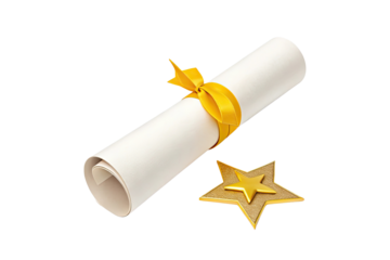 Golden star award and diploma scroll tied with yellow ribbon isolated on transparent background