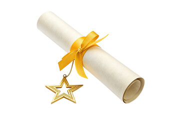 Graduation diploma scroll tied with yellow ribbon and gold star charm isolated on transparent background