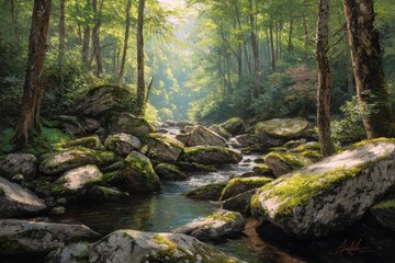Obraz premium Sunlight streams through a mossy forest stream