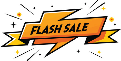
Here's a one-sentence title for the image:

A dynamic "Flash Sale" banner design featuring a prominent orange lightning bolt and ribbon, often with radiating lines or small decorative element
