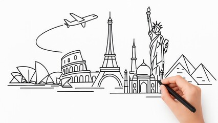 Fototapeta premium A hand draw a global landmarks for travel management and planning on a white background, Itinerary Creation, and Vacation Planning